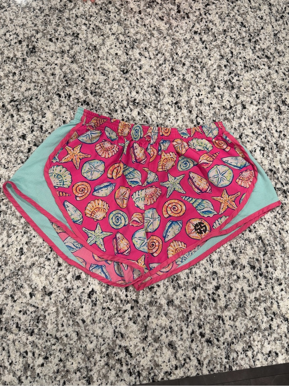 Simply Southern Hot Pink Seashell Print Athletic Shorts with Mint Panels, Large